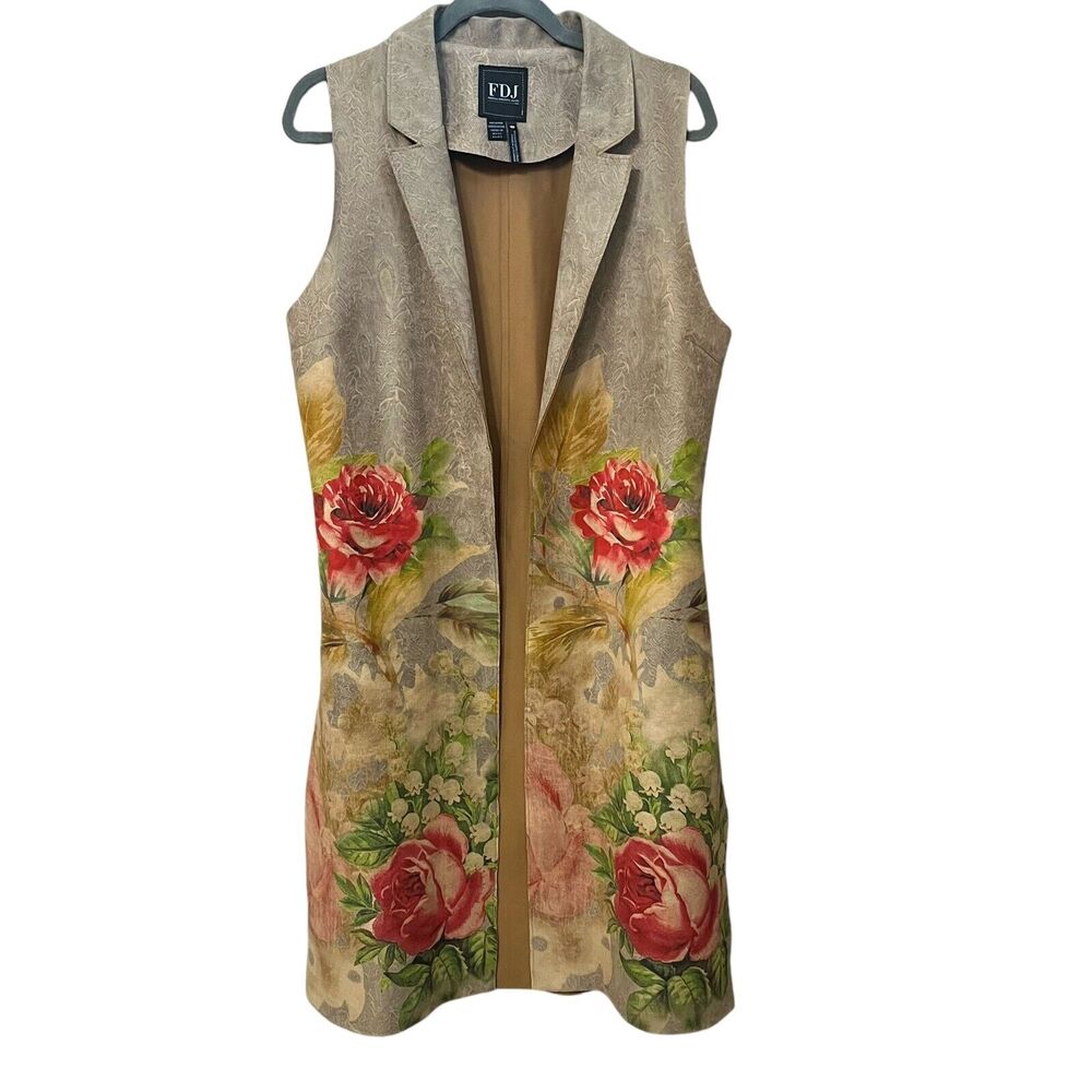 FDJ Floral Print Sleeveless Long Vest - Taupe with Red Roses
